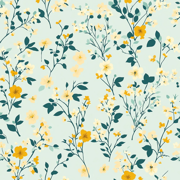 sage green, golden yellow, cream flowers, botanical pattern, wildflowers, delicate branches, cottagecore aesthetic,, fabric panel, floral motif, nature inspired, soft pastels, garden blooms, whimsical florals, romantic style, spring flowers, vintage feel, seamless repeat