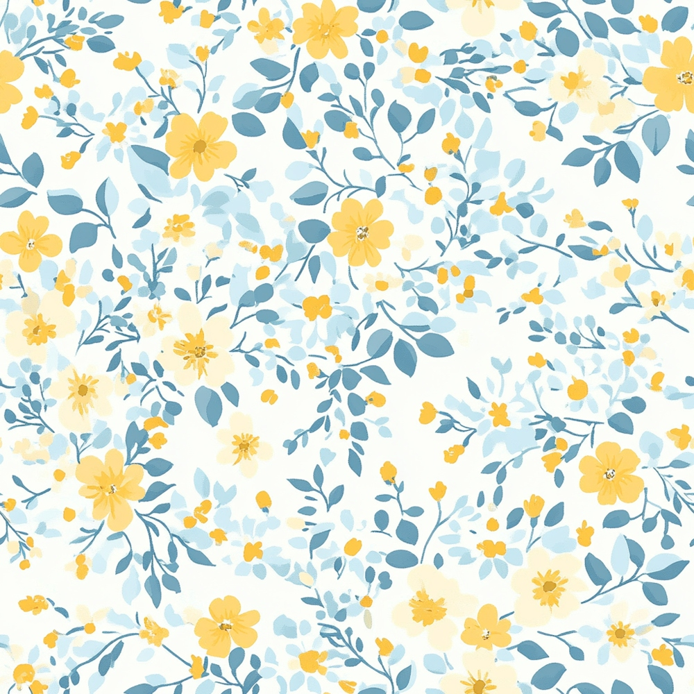 yellow flowers, blue leaves, white background, floral pattern, botanical design, small blooms, scattered flowers, delicate branches, cottagecore aesthetic, garden motifs,, fabric panel, spring flowers, watercolor style, feminine design, nature inspired, soft pastels, repeating pattern, craft fabric, sewing material