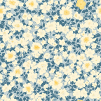 cream flowers, yellow centers, blue-gray background, dusty blue leaves, floral pattern, botanical design, small blooms, vintage style, cottagecore aesthetic,, fabric panel, soft pastels, delicate florals, garden flowers, romantic mood, feminine design, all-over print, spring theme