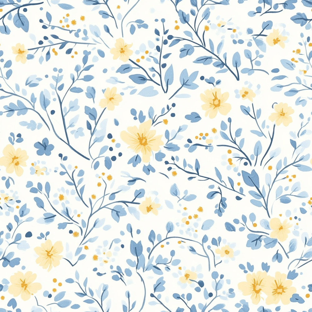 cottagecore, garden flowers, floral pattern, pale yellow blooms, dusty blue leaves, cream background, watercolor style, botanical design, delicate branches,, fabric panel, spring florals, soft pastels, nature motif, vintage inspired, romantic florals, repeating pattern, crafting material, sewing fabric