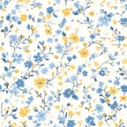 blue flowers, yellow flowers, floral pattern, delicate blooms, scattered flowers, botanical design, small flowers, branching stems, cottagecore aesthetic, pastel colors, cream background, vintage style,, fabric panel, garden flowers, soft blues, golden yellow, whimsical pattern, romantic florals, ditsy print