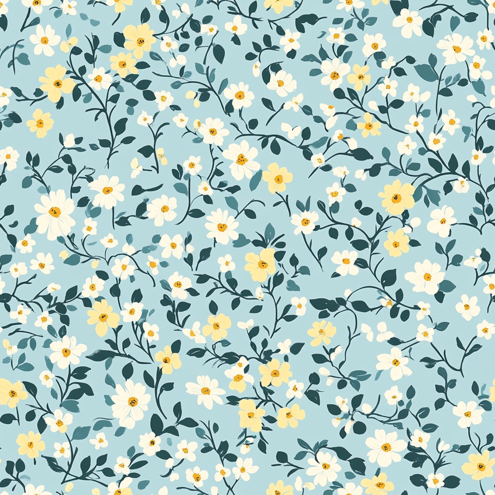 sage green, pale blue, cream flowers, yellow blooms, delicate branches, small leaves, floral pattern, cottagecore aesthetic, vintage style,, fabric panel, garden motif, botanical design, soft pastels, repeating pattern, whimsical flowers, nature inspired, spring theme, romantic florals, crafting material