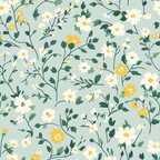 sage green, cream flowers, yellow blooms, botanical pattern, delicate florals, cottagecore aesthetic, vintage style, repeating design,, fabric panel, spring flowers, garden theme, soft pastels, whimsical floral, leafy vines, daisy motifs, romantic pattern, nature inspired, cottage garden