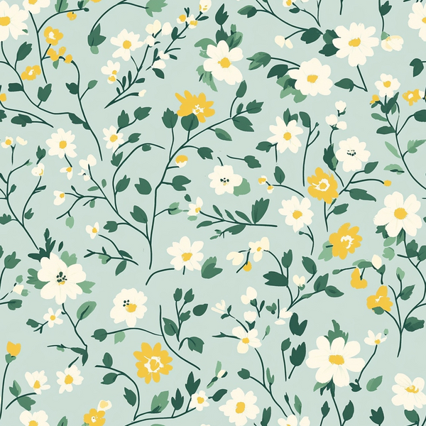 sage green, cream flowers, yellow blooms, botanical pattern, delicate florals, cottagecore aesthetic, vintage style, repeating design,, fabric panel, spring flowers, garden theme, soft pastels, whimsical floral, leafy vines, daisy motifs, romantic pattern, nature inspired, cottage garden