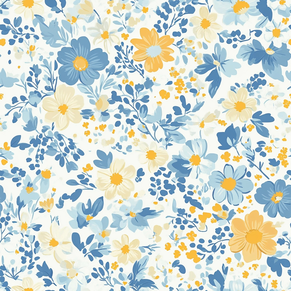 cottagecore, garden flowers, floral pattern, blue flowers, yellow flowers, cream flowers, orange blooms, botanical design, delicate petals, leafy branches, berries, soft pastels, whimsical style,, fabric panel, ditsy print, meadow flowers, spring blooms, feminine florals, coordinating colors