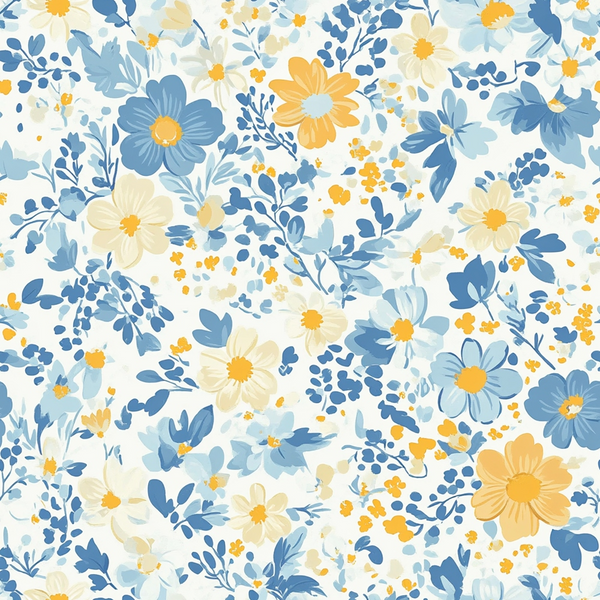 cottagecore, garden flowers, floral pattern, blue flowers, yellow flowers, cream flowers, orange blooms, botanical design, delicate petals, leafy branches, berries, soft pastels, whimsical style,, fabric panel, ditsy print, meadow flowers, spring blooms, feminine florals, coordinating colors