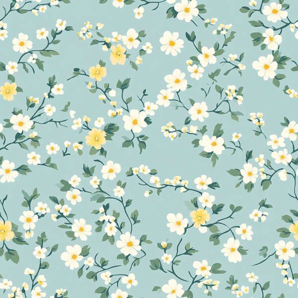 sage green, soft blue, cream white, pale yellow, floral pattern, small flowers, delicate blooms, botanical design, vintage style, cottagecore aesthetic,, fabric panel, romantic florals, scattered flowers, leafy branches, pastel colors, garden theme, feminine design, repeating pattern, spring flowers