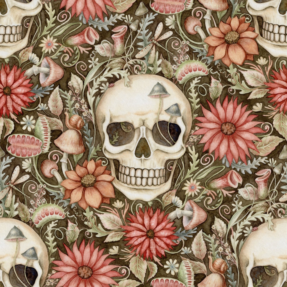 skulls, flowers, mushrooms, botanical, coral pink, sage green, cream, brown, floral pattern, cottagecore, halloween, autumn, whimsical, vintage style,, fabric panel, nature motifs, gothic florals, earthy tones, seamless repeat