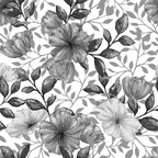 grayscale, monochrome, floral pattern, large blooms, botanical design, leaves, branches, vintage style, watercolor effect, seamless repeat,, fabric panel, country flowers, garden motif, romantic mood, soft textures, nature inspired, delicate petals, flowing vines, artistic florals