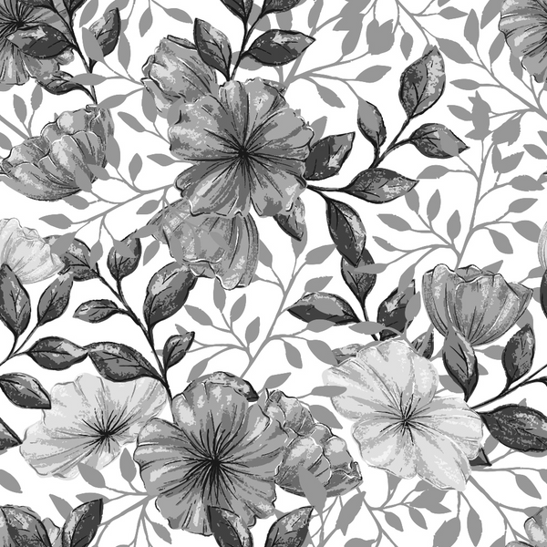 grayscale, monochrome, floral pattern, large blooms, botanical design, leaves, branches, vintage style, watercolor effect, seamless repeat,, fabric panel, country flowers, garden motif, romantic mood, soft textures, nature inspired, delicate petals, flowing vines, artistic florals