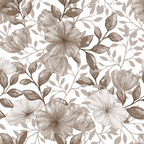 sepia toned, monochrome, brown flowers, taupe leaves, botanical pattern, floral design, lily flowers, branching vines, vintage style, muted colors, nature motif,, fabric panel, country flowers, neutral palette, flowing branches, delicate petals, organic shapes, seamless repeat