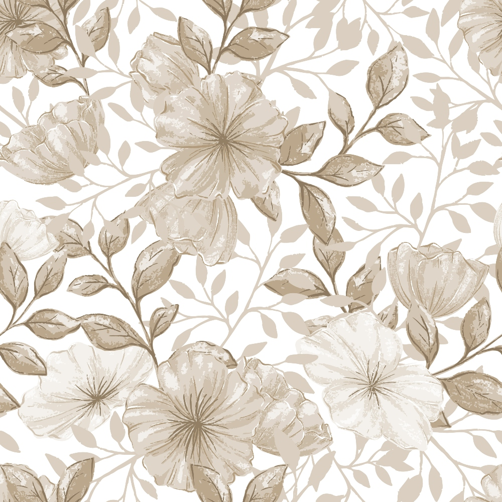 beige, taupe, cream, floral pattern, large flowers, botanical design, leaves, branches, monochromatic, vintage style, seamless pattern,, fabric panel, neutral tones, elegant blooms, flowing vines, nature motif, soft palette, romantic flowers, country style