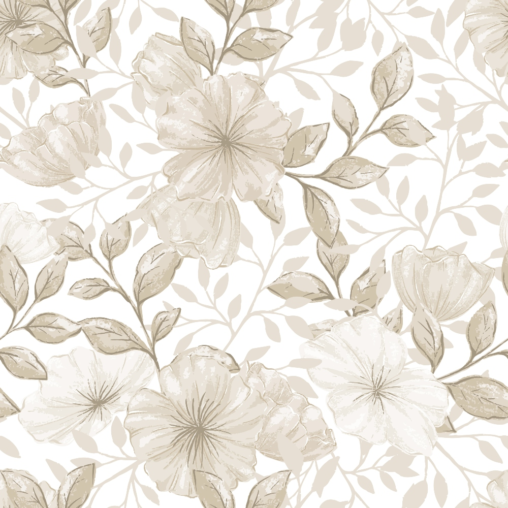 beige, taupe, cream, floral pattern, large flowers, botanical design, leaves, stems, monochromatic, neutral tones,, fabric panel, vintage style, soft colors, nature motif, blooming flowers, organic shapes, seamless repeat, muted palette, country style