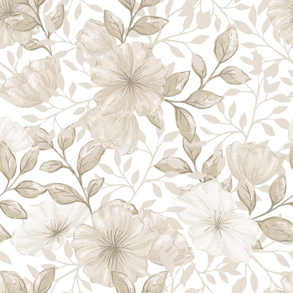 beige, taupe, cream, floral pattern, large flowers, botanical design, leaves, stems, monochromatic, neutral tones,, fabric panel, vintage style, soft colors, nature motif, blooming flowers, organic shapes, seamless repeat, muted palette, country style