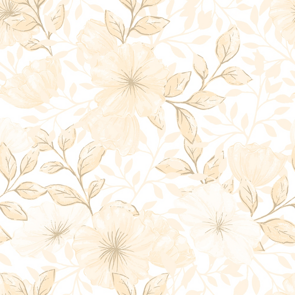 cream, beige, neutral tones, floral pattern, botanical design, large flowers, leafy branches, delicate petals, soft pastels, vintage style,, fabric panel, seamless repeat, country flowers, garden motif, feminine design, subtle texture, monochromatic palette, nature inspired, cottage aesthetic