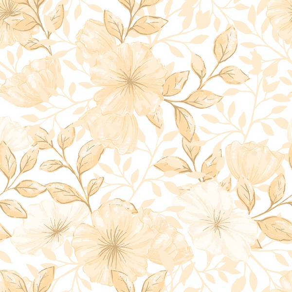 cream, beige, soft peach, floral pattern, botanical design, large flowers, leafy branches, delicate blooms, seamless repeat,, fabric panel, country style, vintage flowers, muted tones, romantic florals, garden motifs, nature inspired, soft pastels, cotton fabric, quilting material