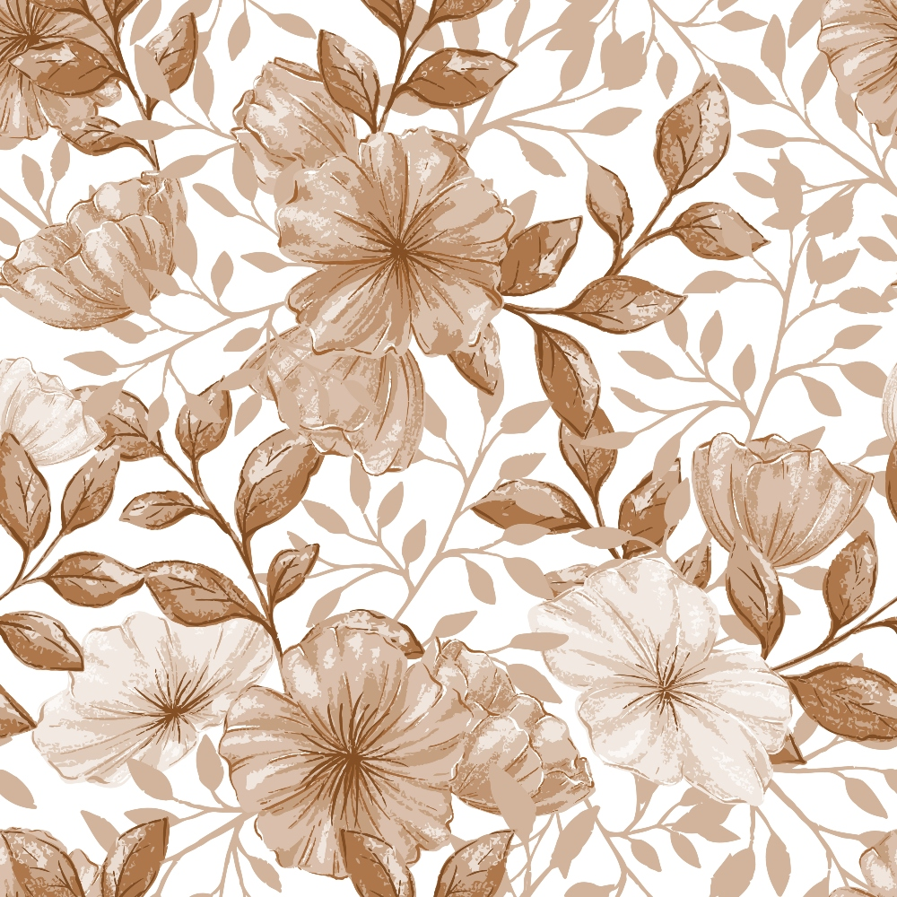 beige, brown, taupe, sepia, floral pattern, large flowers, botanical design, leaves, branches, monochromatic, vintage style, seamless repeat,, fabric panel, neutral tones, nature motif, blooming flowers, textured appearance, country style, soft palette