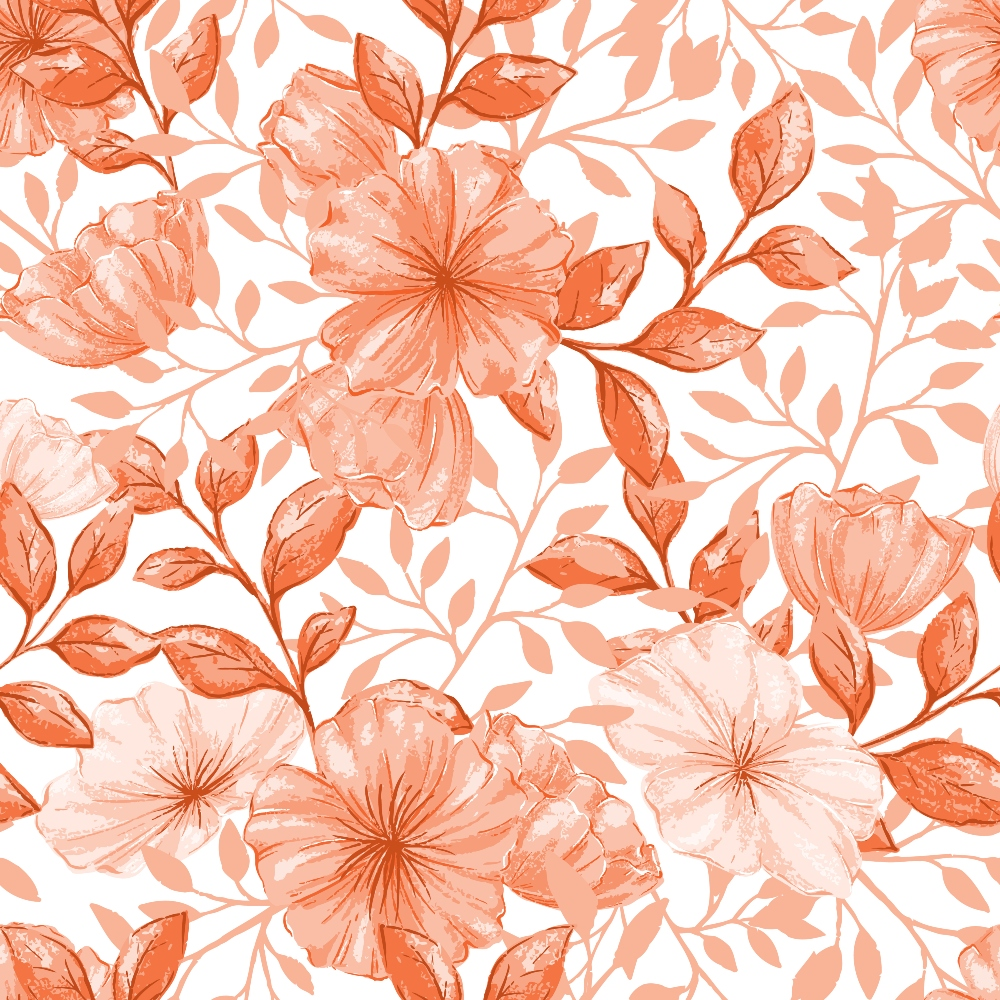 coral, peach, orange, salmon, floral pattern, hibiscus flowers, tropical blooms, botanical design, leaves, vines, watercolor style, soft pastels, seamless repeat,, fabric panel, spring florals, feminine design, delicate petals, nature motif, romantic flowers