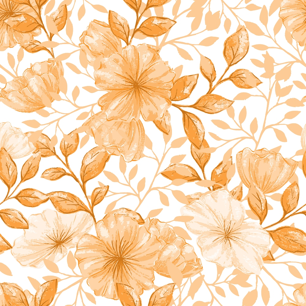 orange flowers, peach blossoms, floral pattern, botanical design, seamless repeat, warm tones, coral petals, vintage style, country garden, spring blooms,, fabric panel, soft pastels, romantic florals, delicate leaves, watercolor effect, feminine design, crafting material, sewing fabric, nature motifs