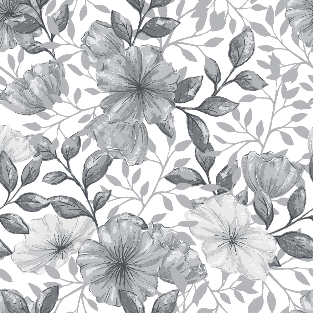 grayscale, monochrome, floral pattern, large blooms, botanical design, leaves, branches, repeating pattern,, fabric panel, country style, garden flowers, nature motif, black and white, vintage inspired, seamless design, flowing vines, delicate petals, craft fabric, sewing material