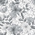grayscale, monochrome, floral pattern, large blooms, botanical design, leaves, branches, repeating pattern,, fabric panel, country style, garden flowers, nature motif, black and white, vintage inspired, seamless design, flowing vines, delicate petals, craft fabric, sewing material