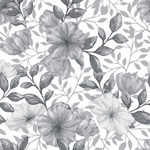 grayscale, monochrome, floral pattern, large blooms, botanical design, leaves, branches, repeating pattern,, fabric panel, country style, garden flowers, nature motif, black and white, vintage inspired, seamless design, flowing vines, delicate petals, craft fabric, sewing material
