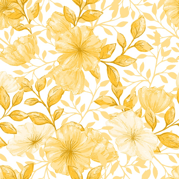 Pattern of yellow and beige flowers with green leaves on a white background.