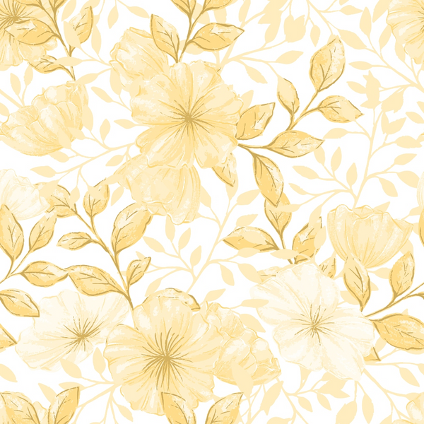 cream, ivory, golden yellow, floral pattern, botanical design, large flowers, leaves, branches, country style,, fabric panel, soft tones, monochromatic, delicate flowers, nature motifs, feminine design, watercolor effect, repeating pattern, crafting fabric, sewing material