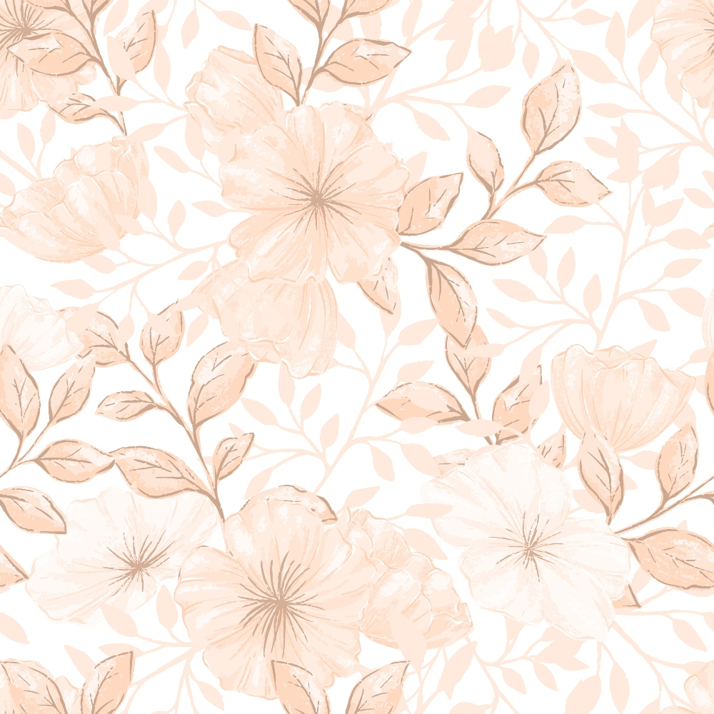 peach, blush pink, cream, white, floral pattern, large flowers, botanical design, leaves, branches, layered petals, soft pastels, romantic style, delicate motifs,, fabric panel, seamless repeat, feminine design, nature inspired, gentle tones, crafting material