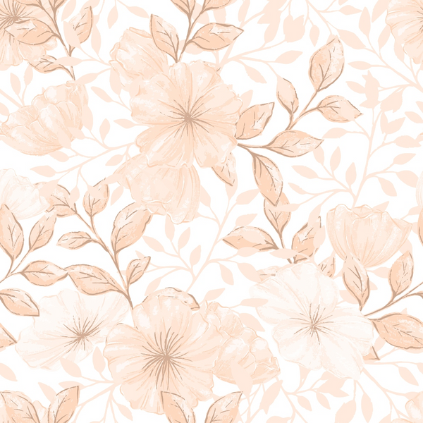 peach, blush pink, cream, white, floral pattern, large flowers, botanical design, leaves, branches, layered petals, soft pastels, romantic style, delicate motifs,, fabric panel, seamless repeat, feminine design, nature inspired, gentle tones, crafting material