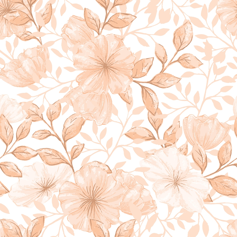 peach, blush pink, coral, floral pattern, botanical design, large flowers, leafy branches, delicate petals, soft watercolor, feminine style, romantic mood, seamless repeat,, fabric panel, spring flowers, garden blooms, pastel tones, flowing vines, nature motif, crafting material