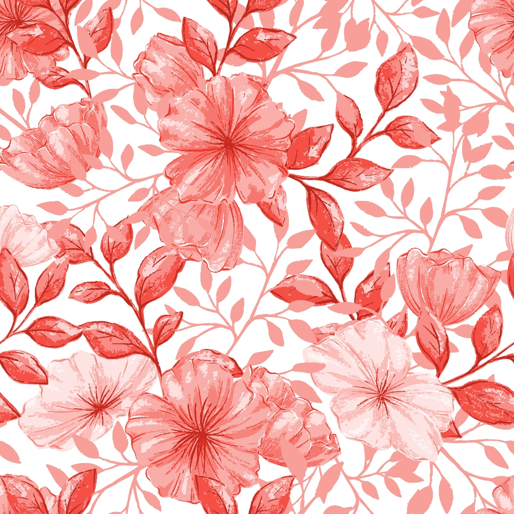 coral, pink, salmon, peach, floral pattern, hibiscus flowers, tropical blooms, leaves, branches, botanical design, watercolor style, repeating pattern,, fabric panel, spring flowers, feminine, delicate, soft tones, nature motif, crafting material