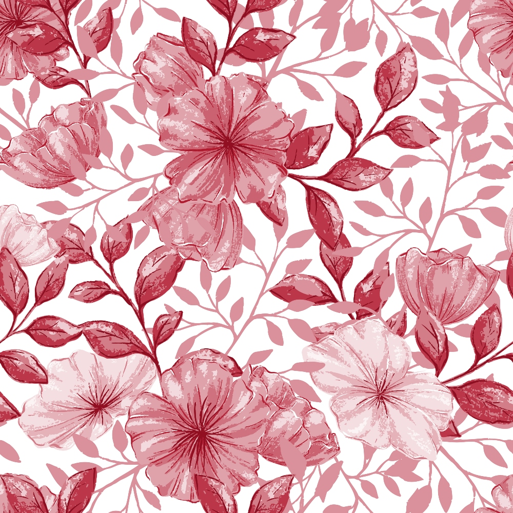 burgundy, rose pink, coral pink, floral pattern, hibiscus flowers, tropical blooms, leaves, botanical design, watercolor style, repeating pattern,, fabric panel, soft pastels, romantic mood, garden flowers, delicate petals, nature motif, feminine design, crafting material, spring flowers