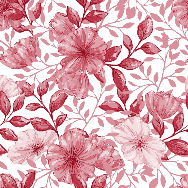 burgundy, rose pink, coral pink, floral pattern, hibiscus flowers, tropical blooms, leaves, botanical design, watercolor style, repeating pattern,, fabric panel, soft pastels, romantic mood, garden flowers, delicate petals, nature motif, feminine design, crafting material, spring flowers