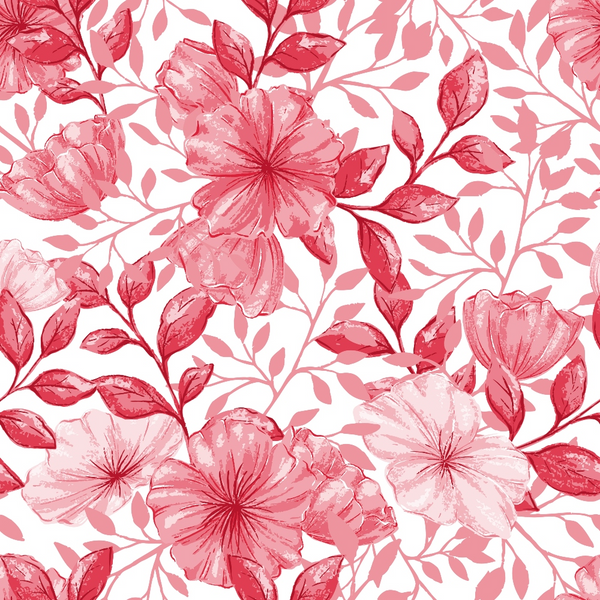 pink flowers, coral blooms, watercolor style, floral pattern, botanical design, leaves and stems, hibiscus flowers, tropical flowers, soft pink tones, rose pink, repeating pattern,, fabric panel, delicate florals, feminine design, spring florals, artistic watercolor, seamless pattern, country flowers, pastel palette