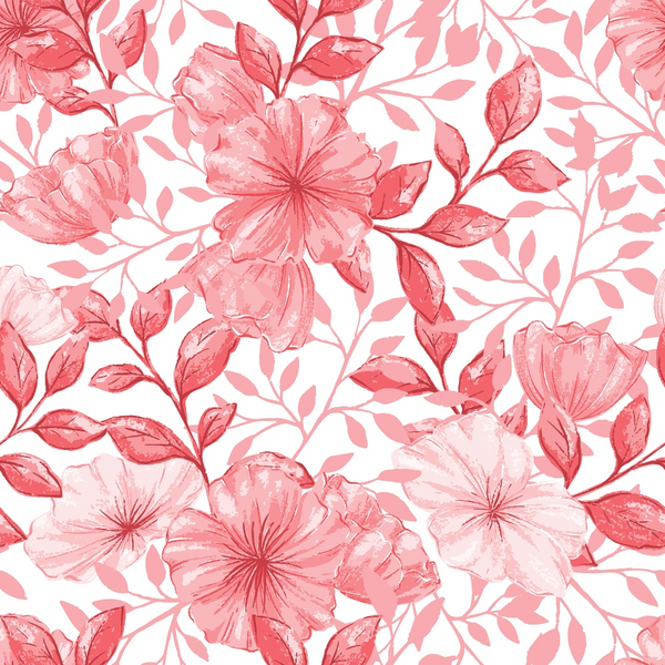 pink flowers, coral blooms, rose colored, watercolor style, floral pattern, botanical design, hibiscus flowers, tropical blooms, leafy branches, delicate petals, soft pastels, seamless repeat,, fabric panel, feminine florals, spring flowers, garden blooms, artistic watercolor, flowing vines, romantic florals