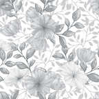 gray flowers, white background, floral pattern, botanical design, lily blooms, leaves, branches, monochromatic, watercolor style,, fabric panel, seamless repeat, country flowers, garden motif, soft tones, delicate petals, nature inspired, grayscale palette, vintage feel