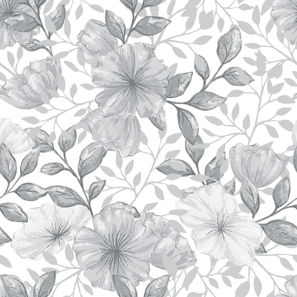 gray flowers, white background, floral pattern, botanical design, lily blooms, leaves, branches, monochromatic, watercolor style,, fabric panel, seamless repeat, country flowers, garden motif, soft tones, delicate petals, nature inspired, grayscale palette, vintage feel