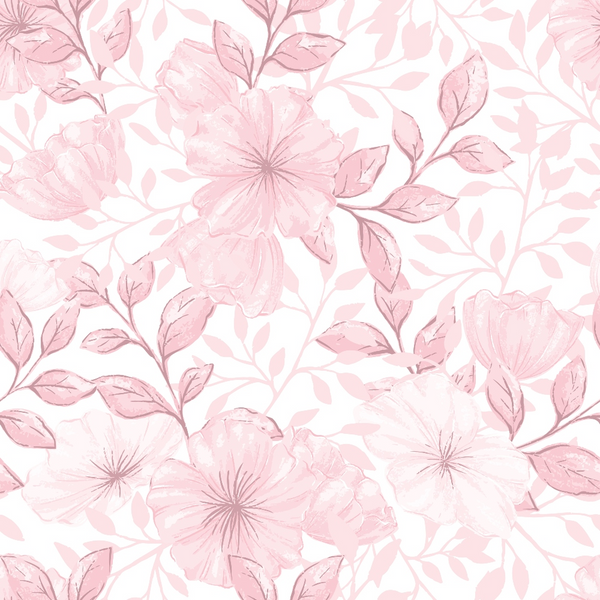 soft pink, blush pink, pale pink, floral pattern, botanical design, flowers, leaves, branches, delicate blooms, feminine style, romantic mood,, fabric panel, seamless repeat, vintage inspired, country style, garden flowers, pastel colors, crafting fabric, sewing material