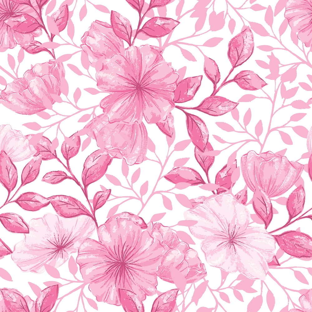 pink, rose, magenta, floral pattern, hibiscus flowers, tropical blooms, leaves, botanical design, watercolor style, seamless repeat,, fabric panel, feminine, soft tones, nature motif, garden flowers, delicate petals, flowing vines, romantic mood, spring theme