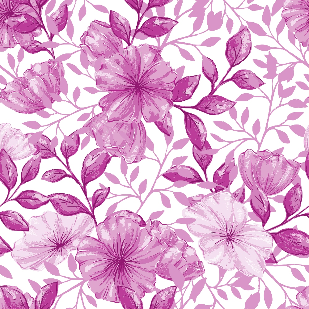 pink, magenta, purple, lavender, floral pattern, hibiscus flowers, tropical blooms, leafy branches, botanical design, watercolor style, seamless repeat,, fabric panel, feminine, romantic, spring flowers, delicate petals, flowing vines, nature motif, crafting material