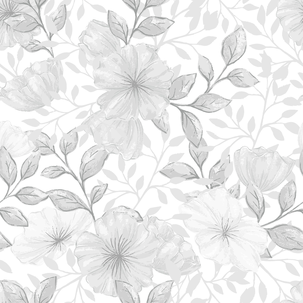 white, gray, silver, monochrome, floral pattern, botanical design, flowers, leaves, branches, vines, nature motif, delicate blooms, soft petals, organic shapes,, fabric panel, country style, romantic mood, vintage inspired, seamless pattern