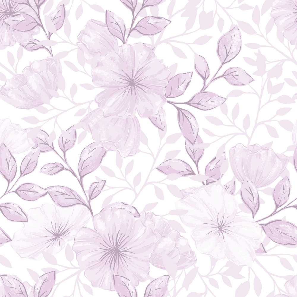lavender, pale purple, soft pink, floral pattern, large flowers, botanical design, leaves, branches, delicate petals, pastel colors,, fabric panel, country style, romantic mood, watercolor effect, seamless repeat, feminine design, spring flowers, soft tones, vintage inspired