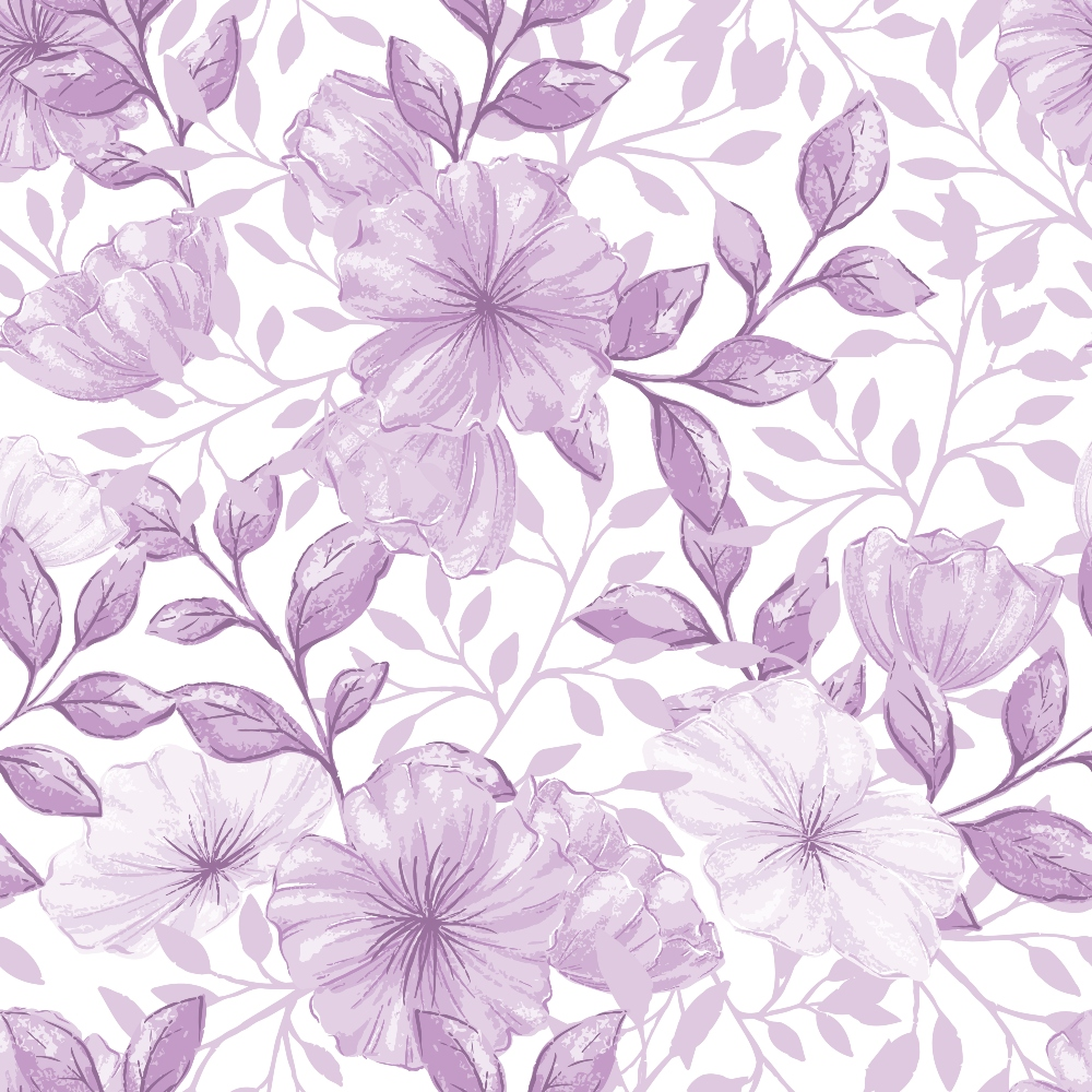 lavender, purple, lilac, mauve, floral pattern, watercolor flowers, botanical design, leaves, vines, delicate petals, soft pastels, feminine, romantic, spring flowers,, fabric panel, seamless repeat, gentle blooms, nature motif, cottage style
