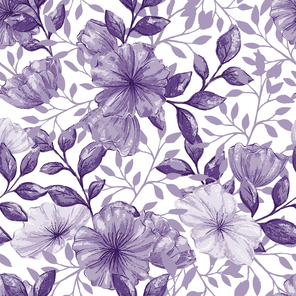 purple, lavender, violet, lilac, floral pattern, large flowers, botanical design, leaves, branches, watercolor style, seamless repeat,, fabric panel, spring flowers, delicate petals, feminine design, soft tones, nature motif, blooming flowers, artistic florals