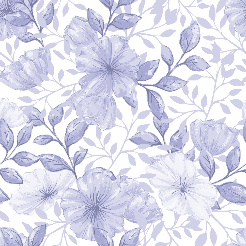lavender, purple, lilac, periwinkle, floral pattern, hibiscus flowers, tropical blooms, leaves, branches, botanical design, watercolor style, seamless repeat,, fabric panel, soft pastels, delicate florals, country flowers, nature motif, romantic mood, feminine aesthetic