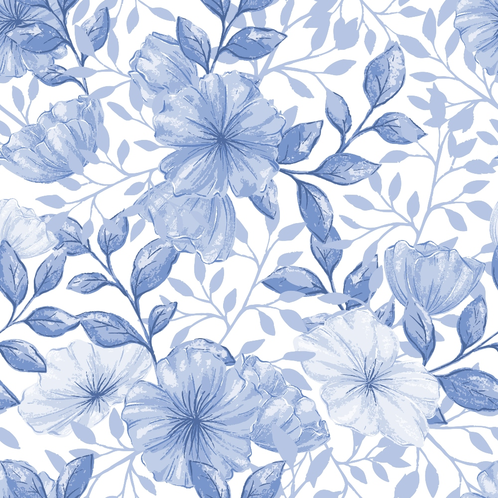 blue flowers, periwinkle blue, watercolor style, floral pattern, hibiscus flowers, botanical design, leaves and stems, repeating pattern,, fabric panel, soft blues, delicate florals, nature motif, tropical flowers, white background, seamless design, crafting fabric, sewing material, gentle palette