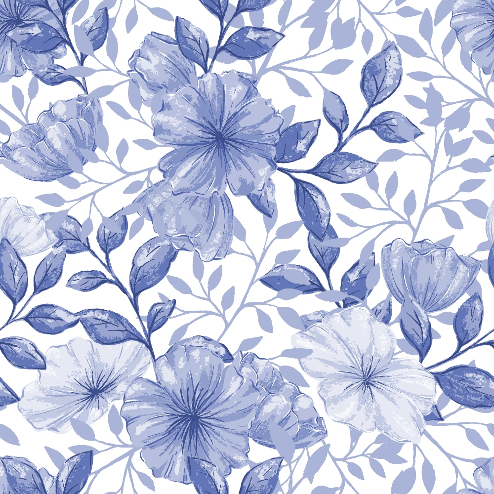periwinkle blue, lavender, white background, floral pattern, large blooms, botanical design, leaves and vines, watercolor style, seamless repeat,, fabric panel, soft pastels, delicate flowers, country flowers, nature motif, feminine design, crafting material, monochromatic blue, flowing vines, cottage style