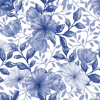 blue, periwinkle, navy, white, watercolor flowers, hibiscus, tropical blooms, botanical pattern, floral design, leaves, branches, seamless repeat,, fabric panel, soft pastels, monochromatic, garden flowers, nature motifs, delicate petals, flowing vines