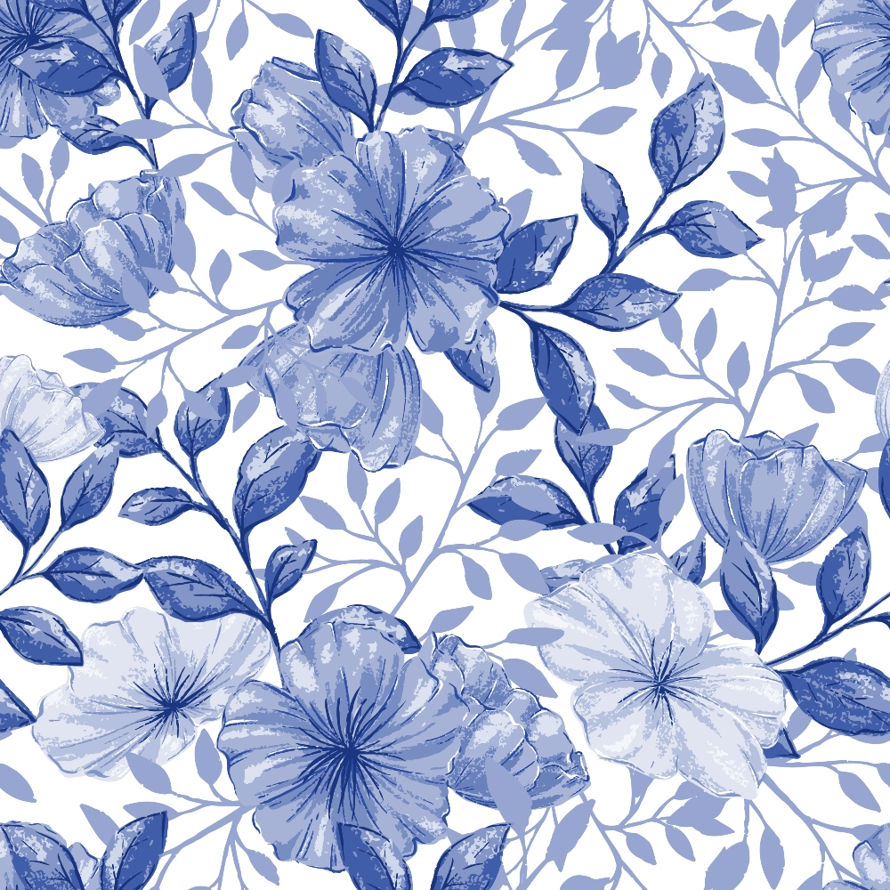 blue flowers, periwinkle, watercolor style, floral pattern, botanical design, leaves, branches, seamless repeat, country flowers,, fabric panel, spring blooms, soft pastels, nature motif, delicate petals, flowing vines, romantic florals, cottage garden, artistic brush strokes
